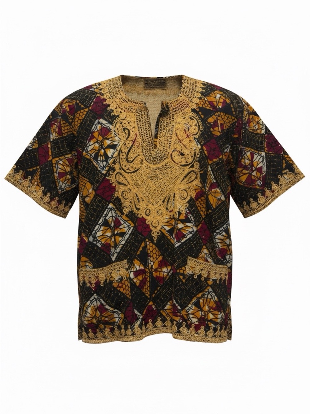 Vintage  handmade Short-Sleeve Dashiki Shirt in Black, Gold and Burgundy